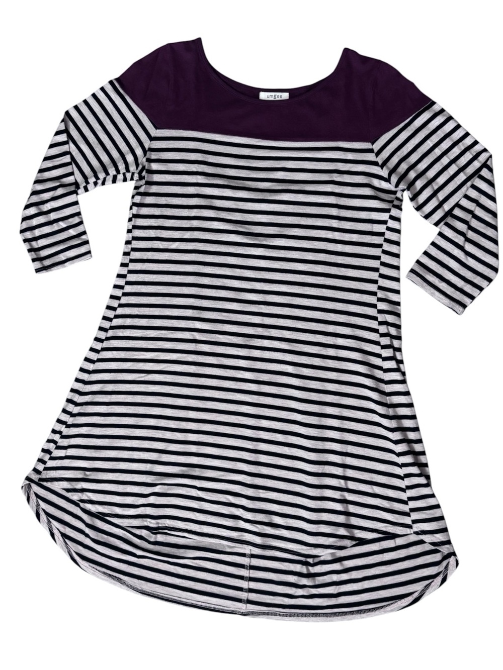 Umgee 3/4 Sleeve Striped Maroon Colorblock High Low Tunic Dress Sz S Casual